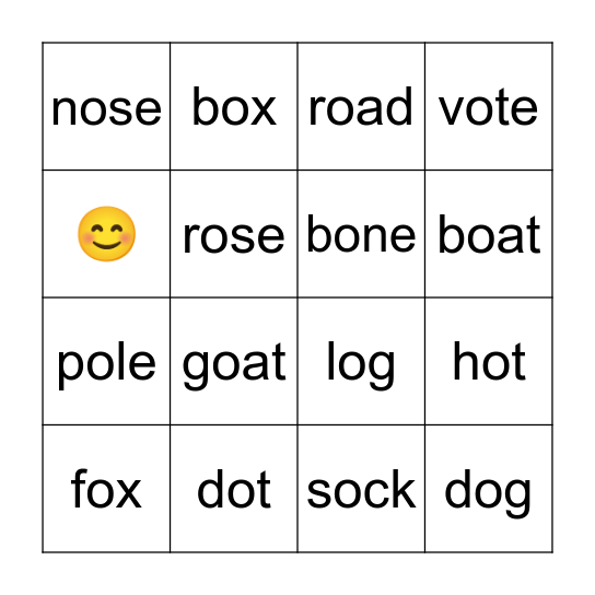 Short and Long Vowel O Bingo Card