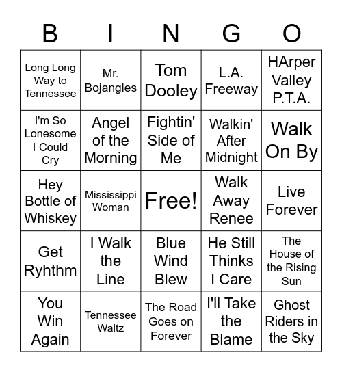 Gibby's Classic Country Bonanza Bingo Card
