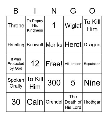 Anglo Saxon Bingo Card