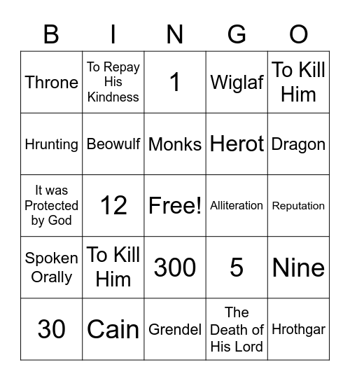 Anglo Saxon Bingo Card