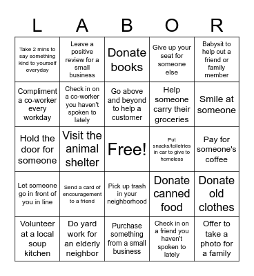 Labors of Love Bingo Card