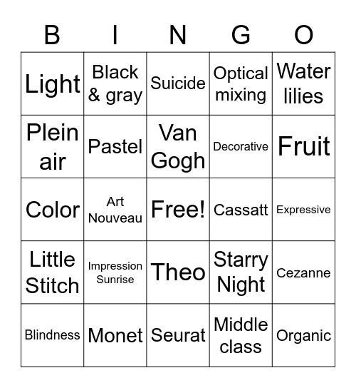 Van Gogh Bingo Card