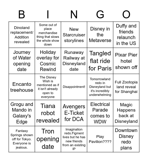 D23 Parks Predictions Bingo Card