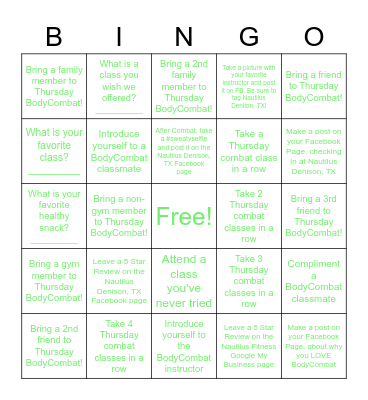 Body Combat Knockout Bingo Card