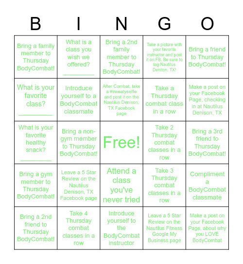 Body Combat Knockout Bingo Card