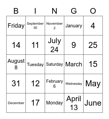 el calendario Bingo Card