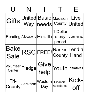 United Way Bingo 2016 Bingo Card