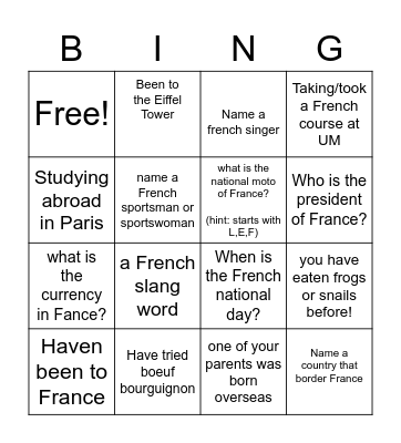 French Student Association Bingo Card