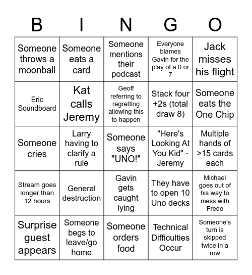 Uno Infinite Bingo Card