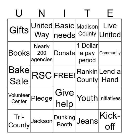 United Way Bingo 2016 Bingo Card