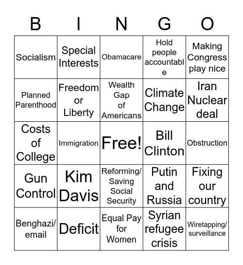 Democratic Debate 10/13/2015 Bingo Card