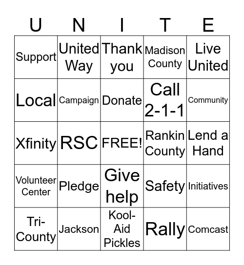 United Way Bingo 2016 Bingo Card