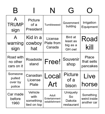 South Dakota Here We Come!!! Bingo Card