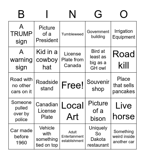 South Dakota Here We Come!!! Bingo Card