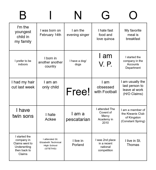 Ice breaker Bingo Card