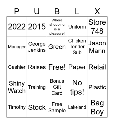 Publix Retirement Party Bingo Card