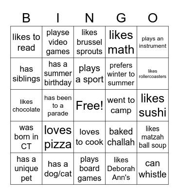 Find A Friend Bingo Card