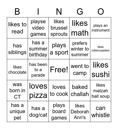 Find A Friend Bingo Card