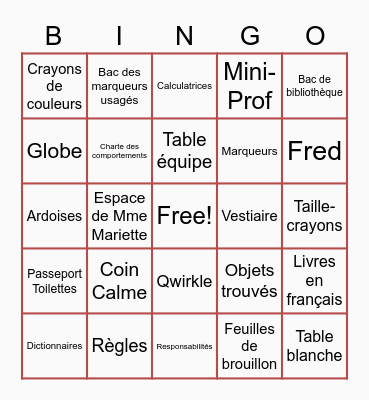La salle de classe Bingo Card