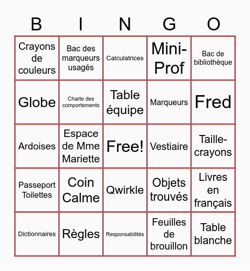 La salle de classe Bingo Card