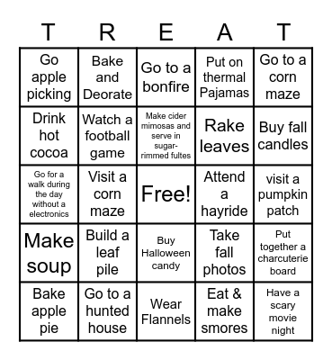 Fall activities Bingo Card