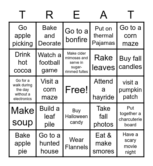 Fall activities Bingo Card