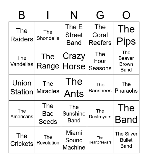 Backing Bands Bingo Card