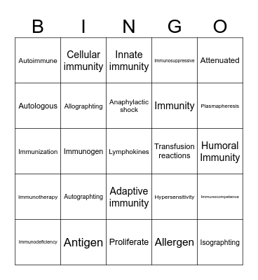 Immune Disorder Bingo Card