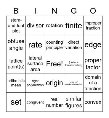 MathCounts Vocabulary Bingo Card