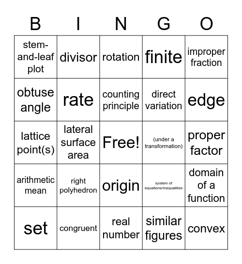 MathCounts Vocabulary Bingo Card