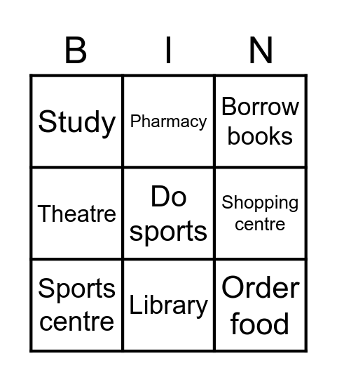 Activities and Places in Town Bingo Card