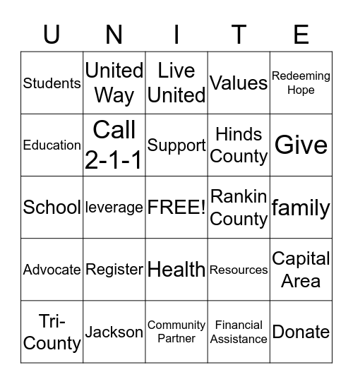 United Way Bingo 2016 Bingo Card