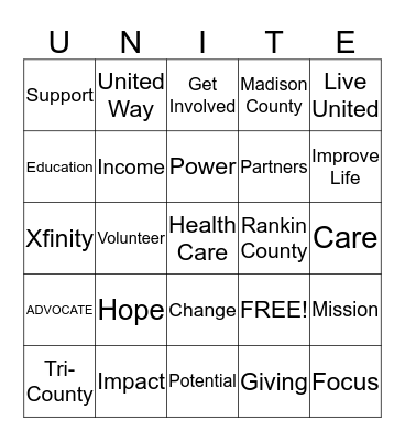 United Way Bingo 2016 Bingo Card