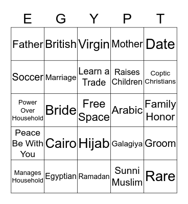 Egypt Bingo Card