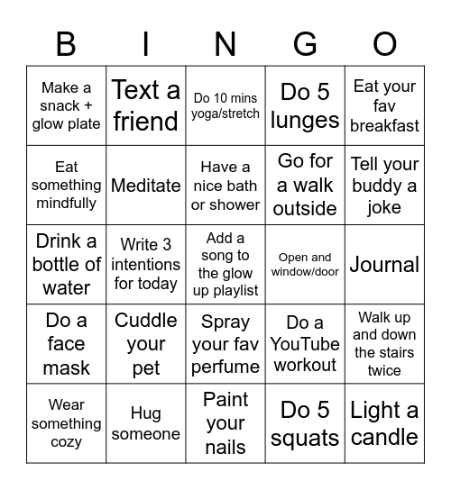 Feel Good Glow Up Bingo Card