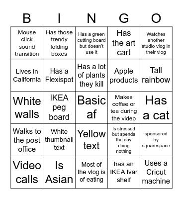 Studio Vlogger Bingo Card