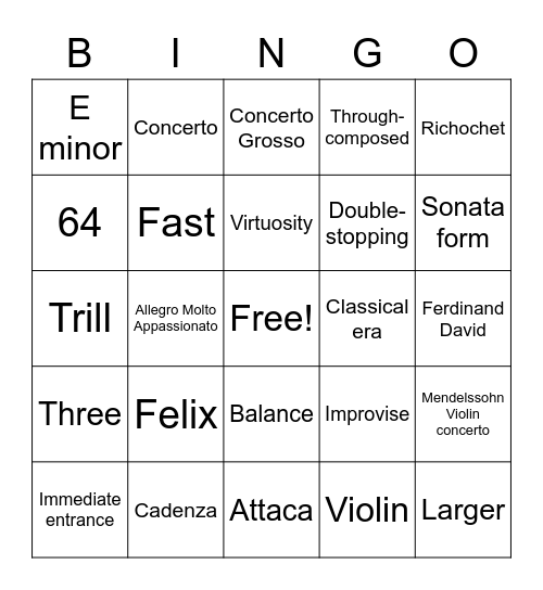 Concerto + Mendelssohn Bingo Card