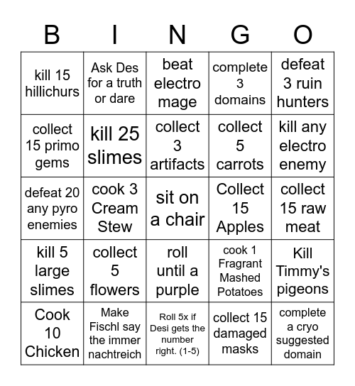 Genshin Bingo ft Des Bingo Card