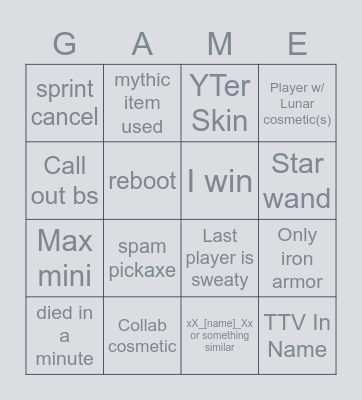 Fortnite short bingo Card