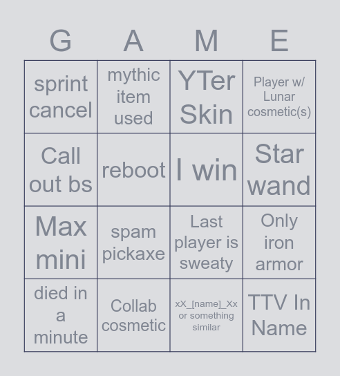 Fortnite short bingo Card