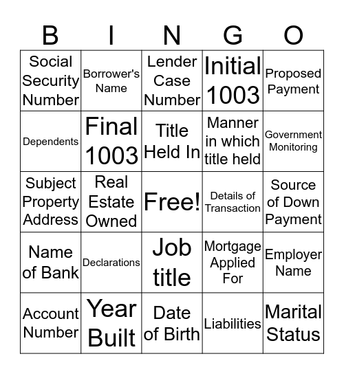 APPLICATION Bingo Card