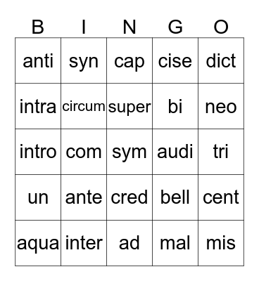 Vocabulary Bingo Card