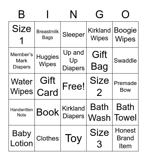 Whitney's Shower Bingo Card
