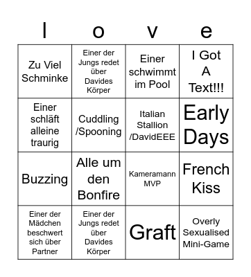 Love Island Bingo Card