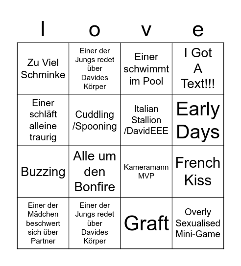 Love Island Bingo Card