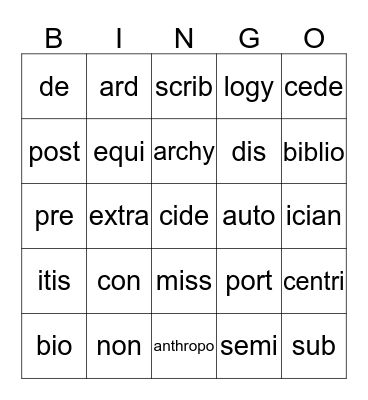 Vocabulary Bingo Card