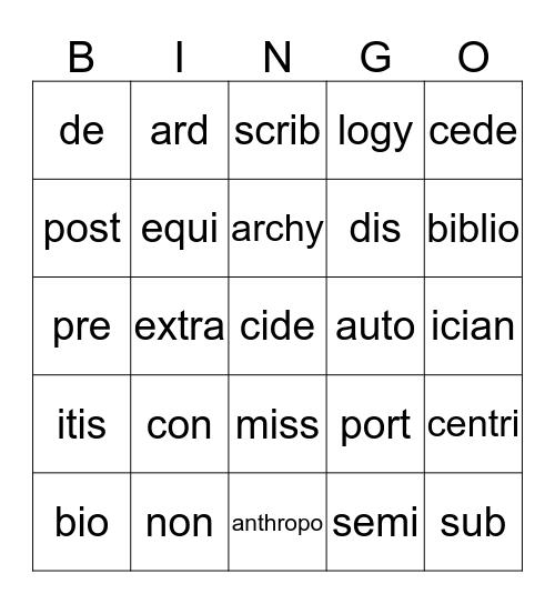 Vocabulary Bingo Card