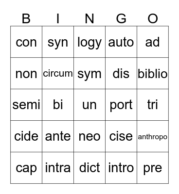 Vocabulary Bingo Card