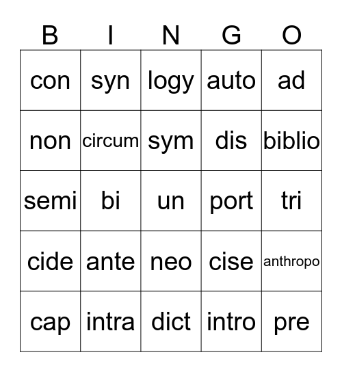 Vocabulary Bingo Card