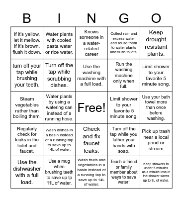 Water Conservation Bingo Card